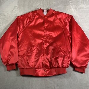Vintage Cardinal Jacket Mens Large Red Satin Bomber Lined Snap Front Made in USA